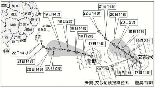 天鹅、艾沙尼预报路径图 唐昊/制图